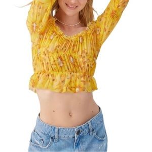 UO Isla Sheer Off-The-Shoulder Blouse Yellow Multi Size M